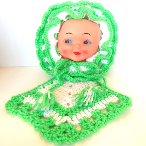 Vintage Doll Head Crocheted Kitchen Towel Green White Kitsch 60's (item 24)