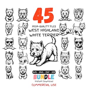May include: A collection of 45 West Highland White Terrier illustrations in black and white. The image includes various poses and styles of the dog, with text that reads "West Highland White Terrier" and "Bundle".