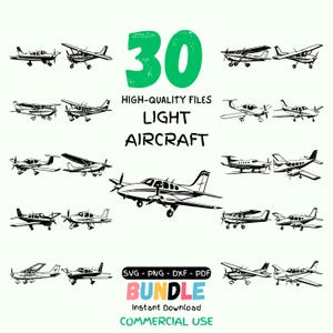 Può includere: Illustrazioni in bianco e nero di vari aerei leggeri. L'immagine include il numero "30" in verde, insieme al testo "HIGH-QUALITY FILES LIGHT AIRCRAFT". Il pacchetto include file SVG, PNG, DXF e PDF, per uso commerciale.