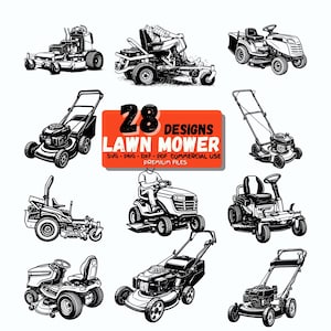 Pode incluir: Ilustrações a preto e branco de vários cortadores de relva, incluindo cortadores de relva com assento e cortadores de relva manuais. Uma faixa retangular laranja mostra "28 DESIGNS LAWN MOWER". Os designs estão em SVG, PNG, DXF, PDF, para uso comercial.