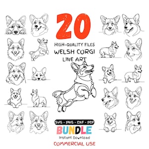 May include: A collection of 20 Welsh Corgi line art illustrations in black and white. The image includes various poses and expressions of the dogs, with the text "20", "Welsh Corgi Line Art", and "Bundle" in the image.