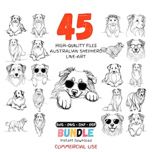 Pode incluir: Uma coleção de 45 ilustrações de arte linear em preto e branco de cães pastores australianos em várias poses, alguns usando óculos de sol. O texto diz 45 HIGH-QUALITY FILES AUSTRALIAN SHEPHERD LINE-ART, SVG PNG DXF PDF BUNDLE e COMMERCIAL USE.