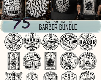 May include: A digital collection of 75 barber-themed graphic designs in black and white, featuring illustrations of skulls, barber poles, straight razors, and scissors with text elements like Barber Shop, Cut Throat, and Razor King for use as SVG, PNG, DXF, and PDF files.