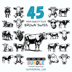 May include: A collection of 45 high-quality Brown Swiss cow illustrations in various poses and styles. The image includes text that reads "SVG - PNG - DXF - PDF BUNDLE Instant Download COMMERCIAL USE."
