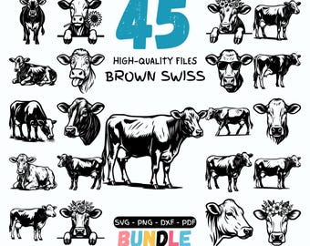 Brown Swiss Cow SVG Bundle | 45 Farm Animal Clipart, Cow Illustration PNG DxF PDF, Cricut, Laser cut & Silhouette Commercial Use