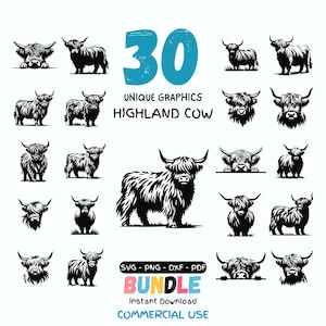 Op de afbeelding: Een verzameling van 30 unieke Highland koeien graphics in zwart en wit. De afbeelding bevat verschillende illustraties van het Schotse ras, met de tekst "30 UNIQUE GRAPHICS HIGHLAND COW BUNDLE" en bestandstype opties.
