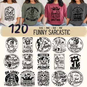 Puede incluir: Una colección digital de 120 diseños gráficos sarcásticos y divertidos en formatos SVG, PNG, DXF y PDF. Las ilustraciones en blanco y negro presentan esqueletos, gatos y eslóganes humorísticos en marcos circulares y rectangulares.