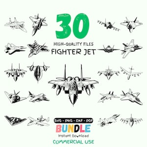 Paquete SVG de aviones de combate estadounidenses: 30 archivos de corte láser de aviones militares, SVG, PNG, DxF y PDF, archivos de corte Cricut, uso comercial
