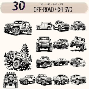 Puede incluir: Una colección de 30 ilustraciones digitales en blanco y negro que muestran varios vehículos todoterreno 4x4, incluyendo SUV y camionetas en diferentes ángulos y terrenos. El texto "30" y "OFF-ROAD 4X4 SVG" aparece arriba.