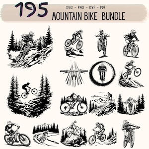 May include: A digital collection of 195 black and white mountain bike illustrations featuring riders on trails, jumping, and navigating mountainous terrain. The text 195 MOUNTAIN BIKE BUNDLE SVG - PNG - DXF - PDF is displayed at the top of the image.
