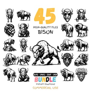 Op de afbeelding: Een verzameling van 45 hoogwaardige zwart-wit illustraties van bizons in verschillende poses. De afbeelding bevat de tekst "45", "BISON" en "BUNDLE". De bundel bevat SVG-, PNG-, DXF- en PDF-bestanden voor commercieel gebruik.
