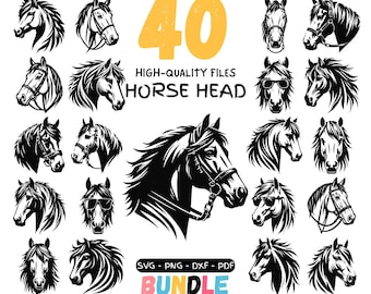 May include: A collection of 40 black and white horse head designs in various styles. The image includes text that reads "HIGH-QUALITY FILES HORSE HEAD BUNDLE Instant Download COMMERCIAL USE" in multiple file formats.