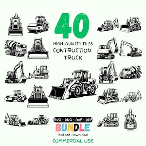 May include: A collection of black and white illustrations of construction vehicles, such as diggers and bulldozers. The number "40" is in green, with the text "HIGH-QUALITY FILES CONSTRUCTION TRUCK BUNDLE". File type information is also included in the image.