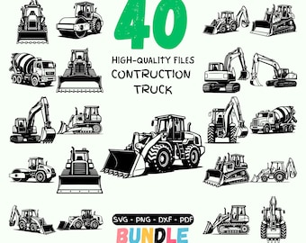 May include: Black and white illustrations of various construction vehicles, including excavators, bulldozers, and cement mixers. The number "40" is displayed in green, with text that reads "HIGH-QUALITY FILES CONSTRUCTION TRUCK BUNDLE". The image also includes file type information.