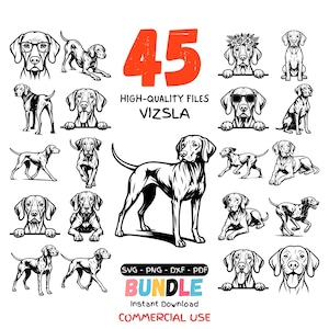 Könnte beinhalten: Eine Sammlung von 45 hochwertigen Illustrationen von Vizsla-Hunden in Schwarz-Weiß, in verschiedenen Posen. Das Bild enthält den Text "45", "HIGH-QUALITY FILES", "VIZSLA", "BUNDLE", "Instant Download" und "COMMERCIAL USE". Formate: SVG, PNG, DXF, PDF.