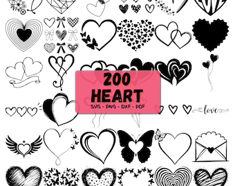 200 Heart SVG Bundle | Hearts Clipart PNG DxF PDF | Love Doodles, Hand Drawn Heart Shapes, Floral & Butterfly Hearts | Cricut Silhouette
