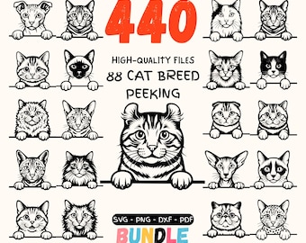 440 Cat Breed Peeking SVG Bundle | Cute Cat Heads Clipart | Cat Line Art PNG DxF PDF | Pet Lover Cutting Files | laser cut Files
