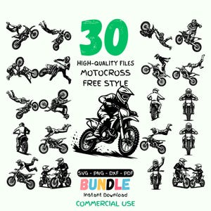 Può includere: Pacchetto di arte digitale in bianco e nero a tema motocross. L'immagine presenta 30 file di alta qualità di piloti di motocross che eseguono acrobazie. Il testo include "30", "Motocross Free Style" e "Bundle". Include file SVG, PNG, DXF e PDF.