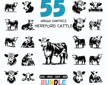 Bundle Vache Hereford SVG | 55 silhouettes de bovins de ferme | Clipart tête de taureau | Animaux du ranch PNG | Pack de vecteurs d'élevage pour Cricut et laser