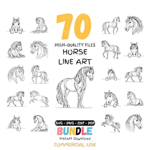 Może przedstawiać: Kolekcja 70 czarno-białych ilustracji linii koni. Obraz zawiera różne pozy koni, a także tekst "HORSE LINE ART" i "BUNDLE". Pakiet zawiera pliki SVG, PNG, DXF i PDF do użytku komercyjnego.