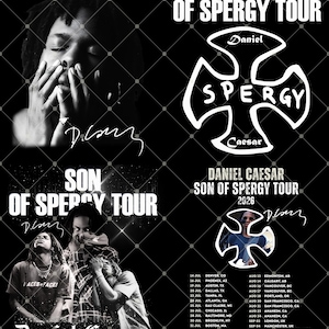 Puede incluir: Cartel en blanco y negro de la gira "Son of Spergy Tour 2026" de Daniel Caesar. El cartel presenta imágenes de Daniel Caesar, las fechas de la gira y el nombre de la gira en texto blanco en negrita. El fondo es un patrón de cuadrícula de diamantes.