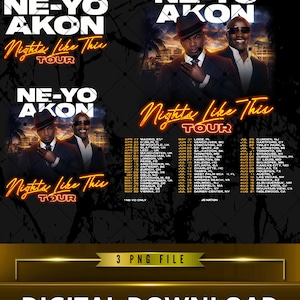 Może przedstawiać: Grafika do pobrania cyfrowego promująca "Nights Like This Tour" Ne-Yo i Akona. Projekt zawiera daty i lokalizacje trasy koncertowej, z nazwiskami artystów w białych literach. Tytuł trasy jest w kolorze pomarańczowym.