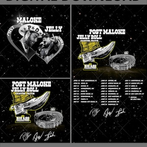 May include: Digital download featuring Post Malone and Jelly Roll. The design includes images of the artists, a cowboy boot, and a stadium. The text includes tour dates and the words "Big Ass Stadium Tour."