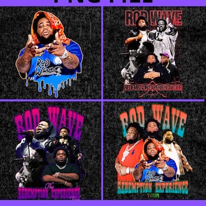 May include: Four graphic designs featuring the text "ROD WAVE" and images of the artist. The designs include the text "PNG FILE" and "TRANSPARENT BAGROUND". The designs also include the text "REDEMPTION EXPERIENCE TOUR" and "The REDEMPTION EXPERIENCE".