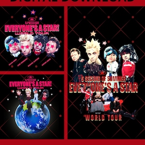 Puede incluir: Descarga digital con múltiples gráficos con el texto "5 Seconds of Summer Everyone's a Star! World Tour." Los gráficos incluyen imágenes de los miembros de la banda y un globo. El fondo es negro con un fondo transparente.