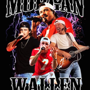 Pu&ograve; includere: Grafica con il nome "MORGAN WALLEN" in un font stilizzato, con immagini del cantante che si esibisce. Lo sfondo &egrave; nero con grafiche di fulmini. Il cantante indossa una variet&agrave; di abiti, tra cui una maglia rossa e una maglietta bianca.