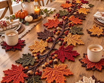 Autumn Leaf Table Runner & Coaster Crochet Pattern PDF, Fall Table Decor, Thanksgiving Centerpiece