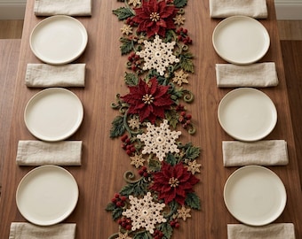 Christmas Crochet Table Runner Pattern, Poinsettia Snowflake PDF, Holiday Dining Decor