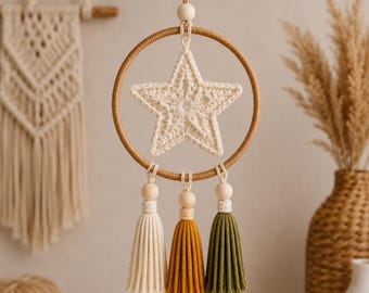 Crochet Star Wall Hanging Pattern PDF, Boho Dreamcatcher with Tassels, Home Decor
