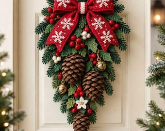 Crochet Christmas Swag Pattern PDF, Pinecone Berry Door Decor with Snowflake Bow