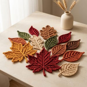 Pode incluir: Uma coleção de bases para copos em croché com formato de folha em várias cores de outono, incluindo vermelho profundo, amarelo dourado, laranja queimado, verde azeitona, castanho e creme. As folhas apresentam detalhes de nervuras costuradas.