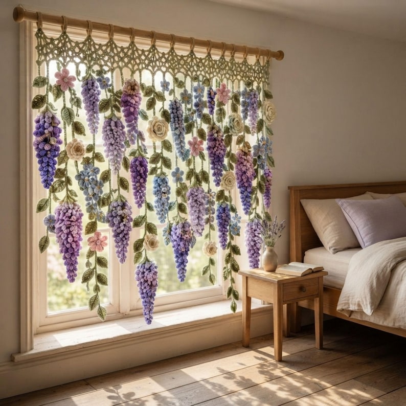 Wisteria Crochet Curtain Pattern PDF: Botanical Wall Hanging, Cottagecore Window Decor, Dimensional Floral Garland Download