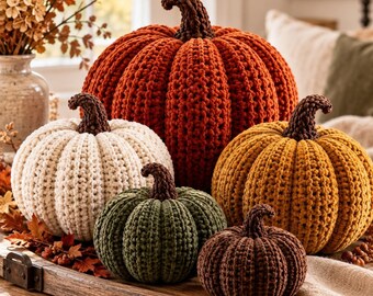 Crochet Pumpkin Pattern PDF, 5 Sizes, Beginner-Friendly Chunky Ribbed Fall Decor
