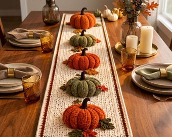 Crochet Pumpkin Table Runner Pattern PDF, 3D Autumn Pumpkins, Fall Thanksgiving Decor