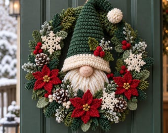 Christmas Gnome Wreath Crochet Pattern PDF, Poinsettia Door Decor, Holiday Wall Hanging