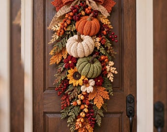 Crochet Autumn Door Swag Pattern PDF, Pumpkin Floral Fall Door Decor