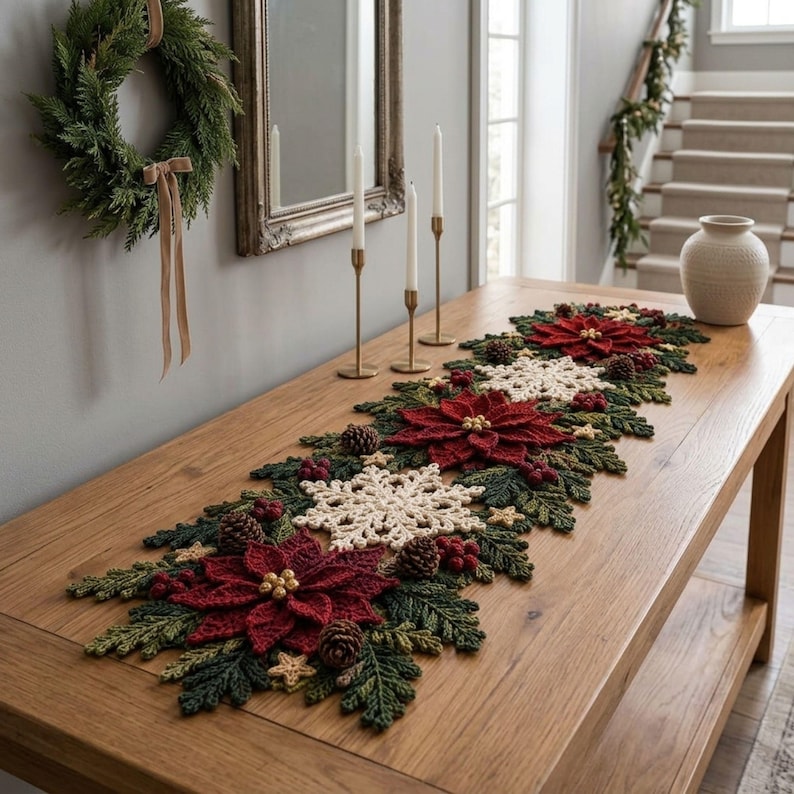 Poinsettia Snowflake Table Runner Crochet Pattern PDF, 3D Christmas ...