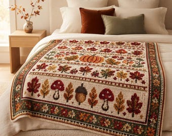 Autumn Crochet Blanket Pattern PDF, Pumpkin & Maple Leaf Afghan, Intermediate Fall Throw