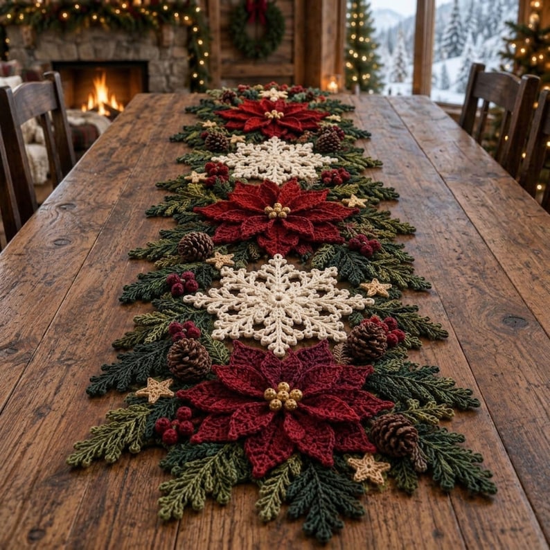 Poinsettia Snowflake Table Runner Crochet Pattern PDF, 3D Christmas ...
