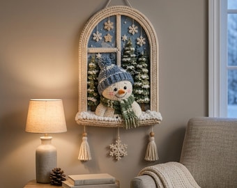 Crochet Snowman Wall Hanging Pattern PDF, Arched Window Christmas Decor, Winter Home Decor