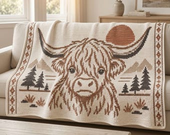 Highland Cow Crochet Blanket Pattern PDF, Nordic Tapestry Graphgan, Rustic Farmhouse Throw, Written Instructions + Chart