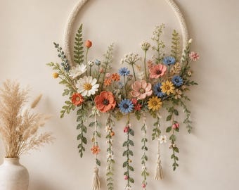 Crochet Floral Hoop Wall Hanging Pattern PDF, Boho Botanical Flower Wreath, Cottagecore Home Decor, Visual Assembly Guide