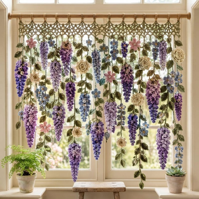 Wisteria Crochet Curtain Pattern PDF: Botanical Wall Hanging, Cottagecore Window Decor, Dimensional Floral Garland Download