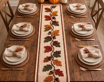 Autumn Oak Leaf Crochet Table Runner Pattern PDF, Acorn Thanksgiving Decor