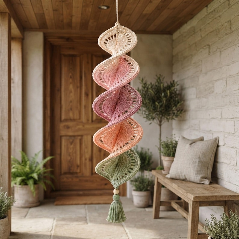 Crochet Wind Spinner Pattern PDF, Dimensional Pastel Petal Helix Hanging Decoration, Intermediate Tutorial, Instant Download Crochet Wind Spinner Pattern PDF, Pastel Petal Helix Hanging Decoration (Instant Download)