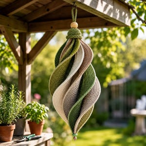 May include: A hanging spiral ornament crafted from crocheted yarn in alternating shades of olive green, sage green, and cream. The structure features a central wooden bead at the top loop and a small green bead at the pointed bottom tip, creating a twisted shape.